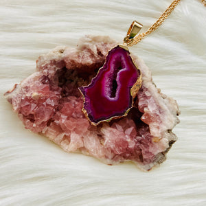 Pink Agate Druzy Necklace - Deep Pink