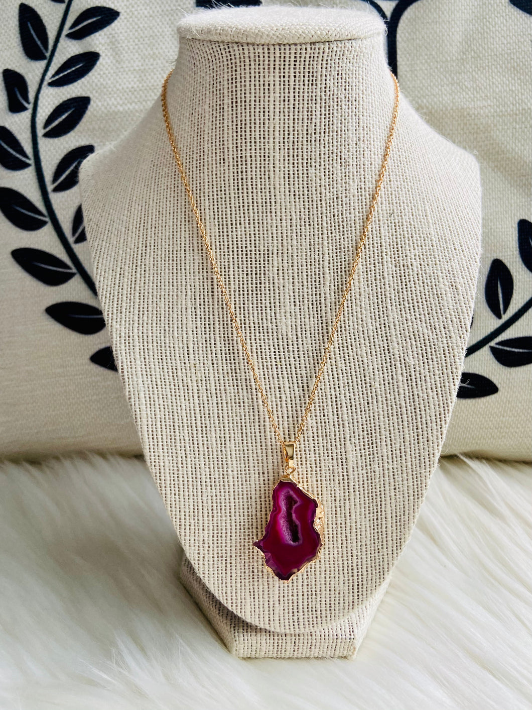 Pink Agate Druzy Necklace - Deep Pink