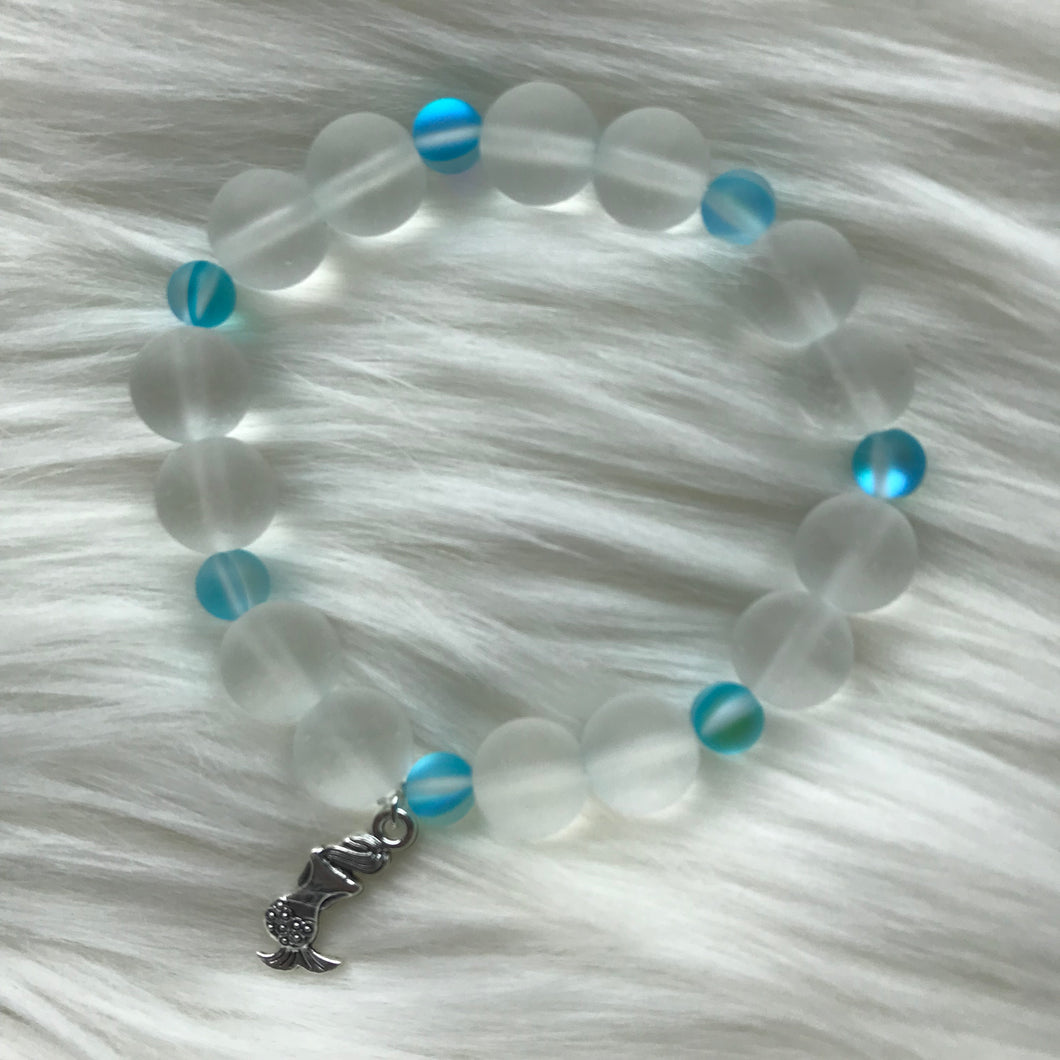 White Chunky Sea Glass & Blue Mermaid Glass Bracelet