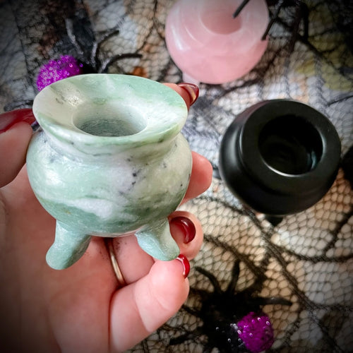 Green Witch Moss Agate Crystal Cauldron